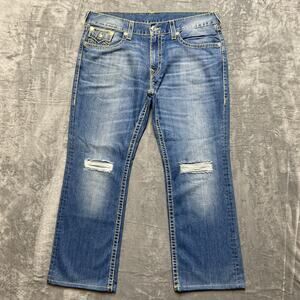 New True Religion Distressed Straight Jeans Men's 40 Blue Faded